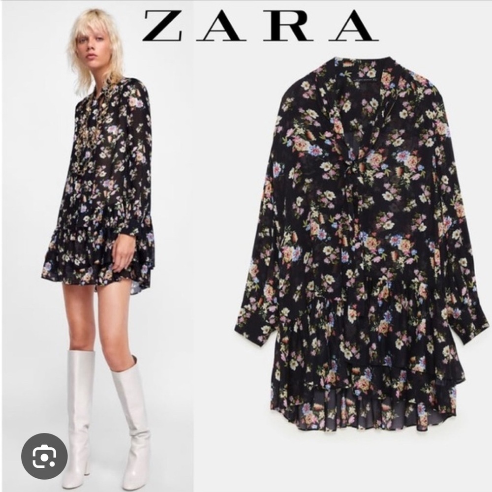 NWT Zara Black Floral Semi Sheer Chiffon Tunic Dress Size Small